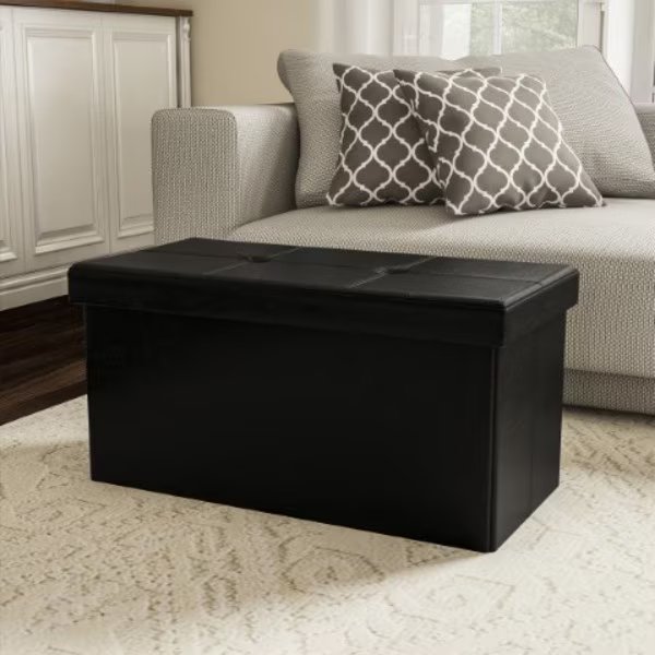 Foldable Storage Bench Ottoman, Tufted Faux Leather Cube Organizer Furniture for Home (Black, Large), Hastings Home, Mfr#: 475236LNI